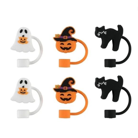 SWC 6 Piece Straw Toppers Ghosts Pumpkins Black Cat Halloween New Lot of 2 - Picture 3 of 5